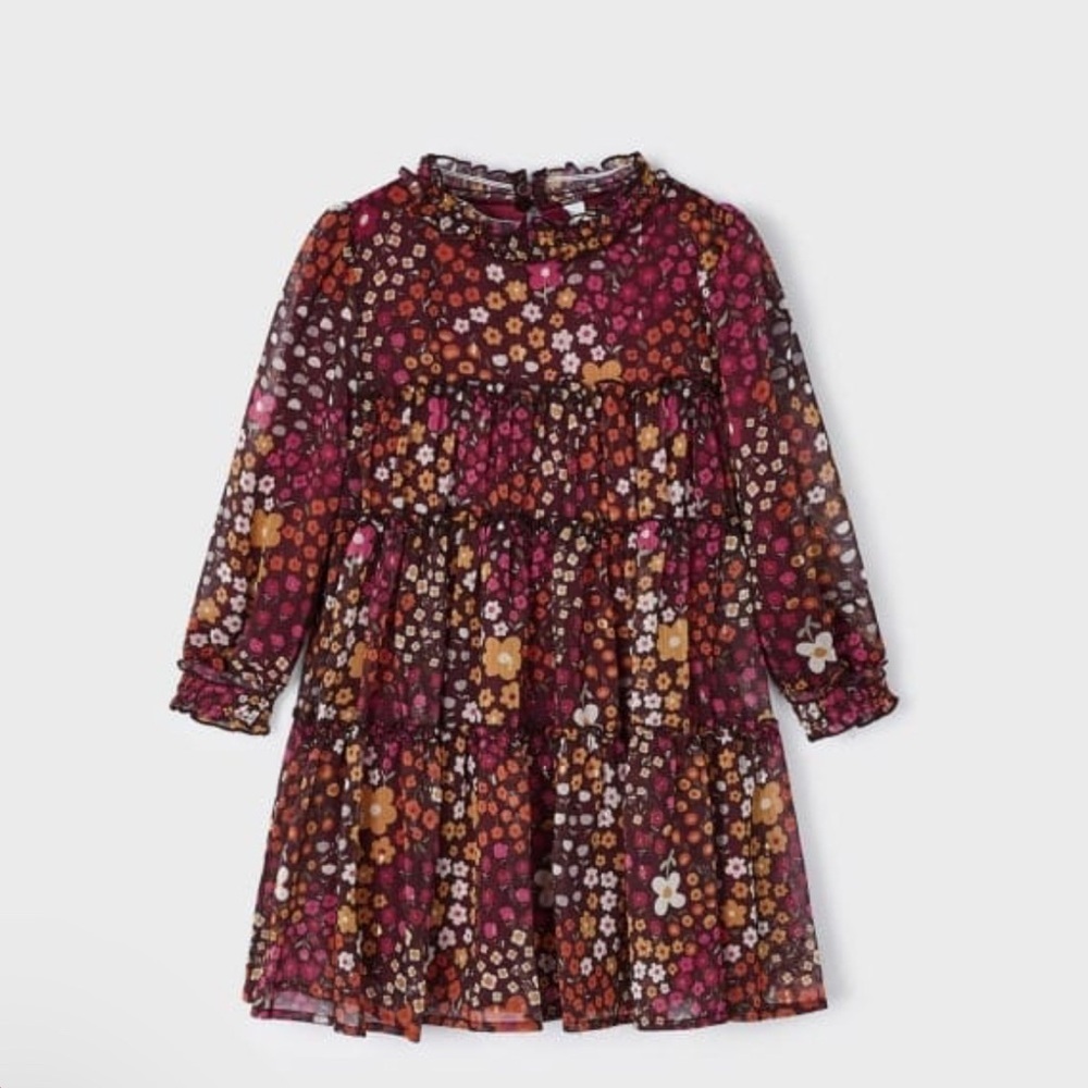 Mayoral girls Printed Chiffon Dress burgundy floral size 4 EUC - Picture 2 of 8